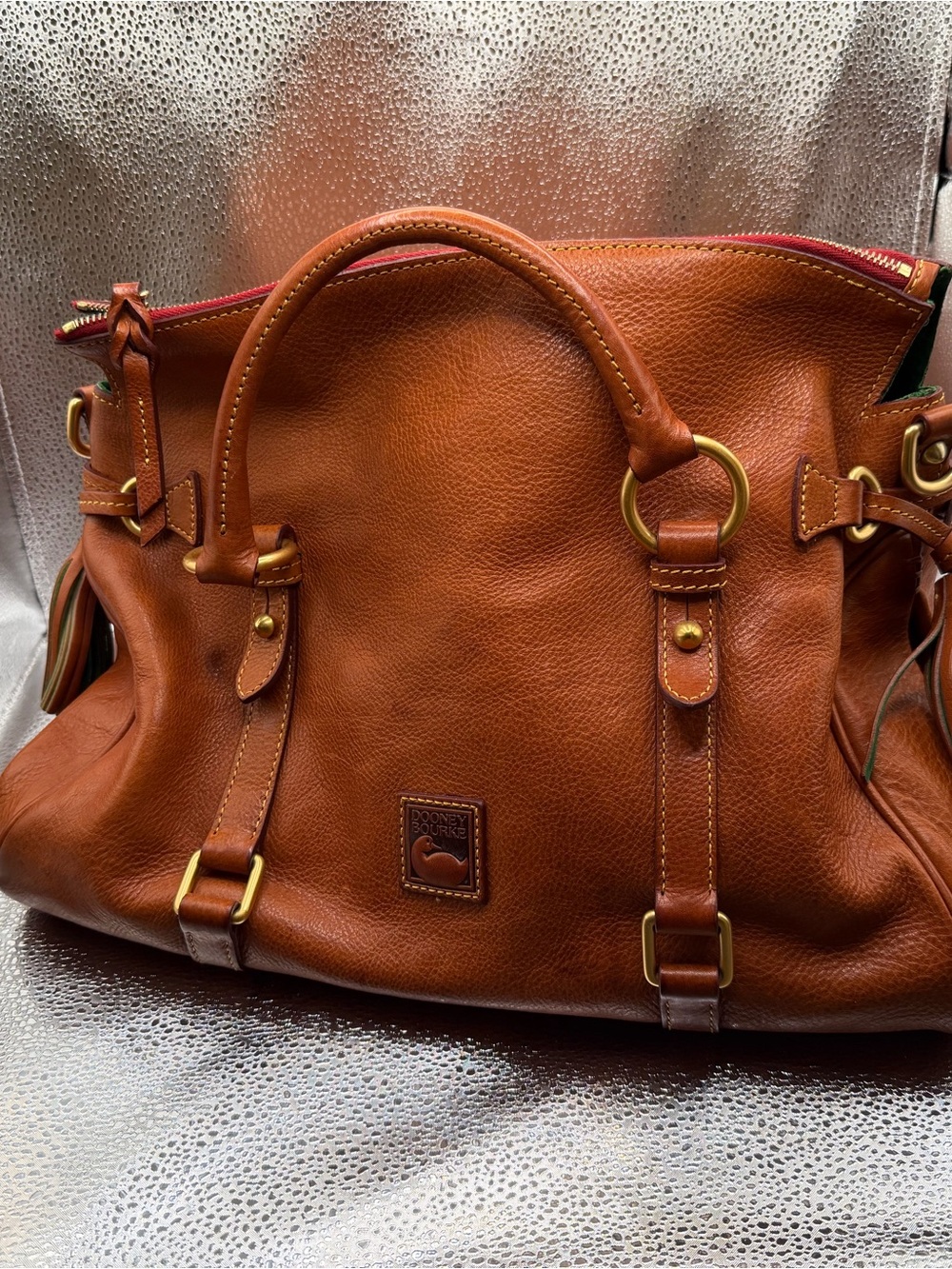 Dooney & Bourke Cognac Leather Satchel with Brass Accents